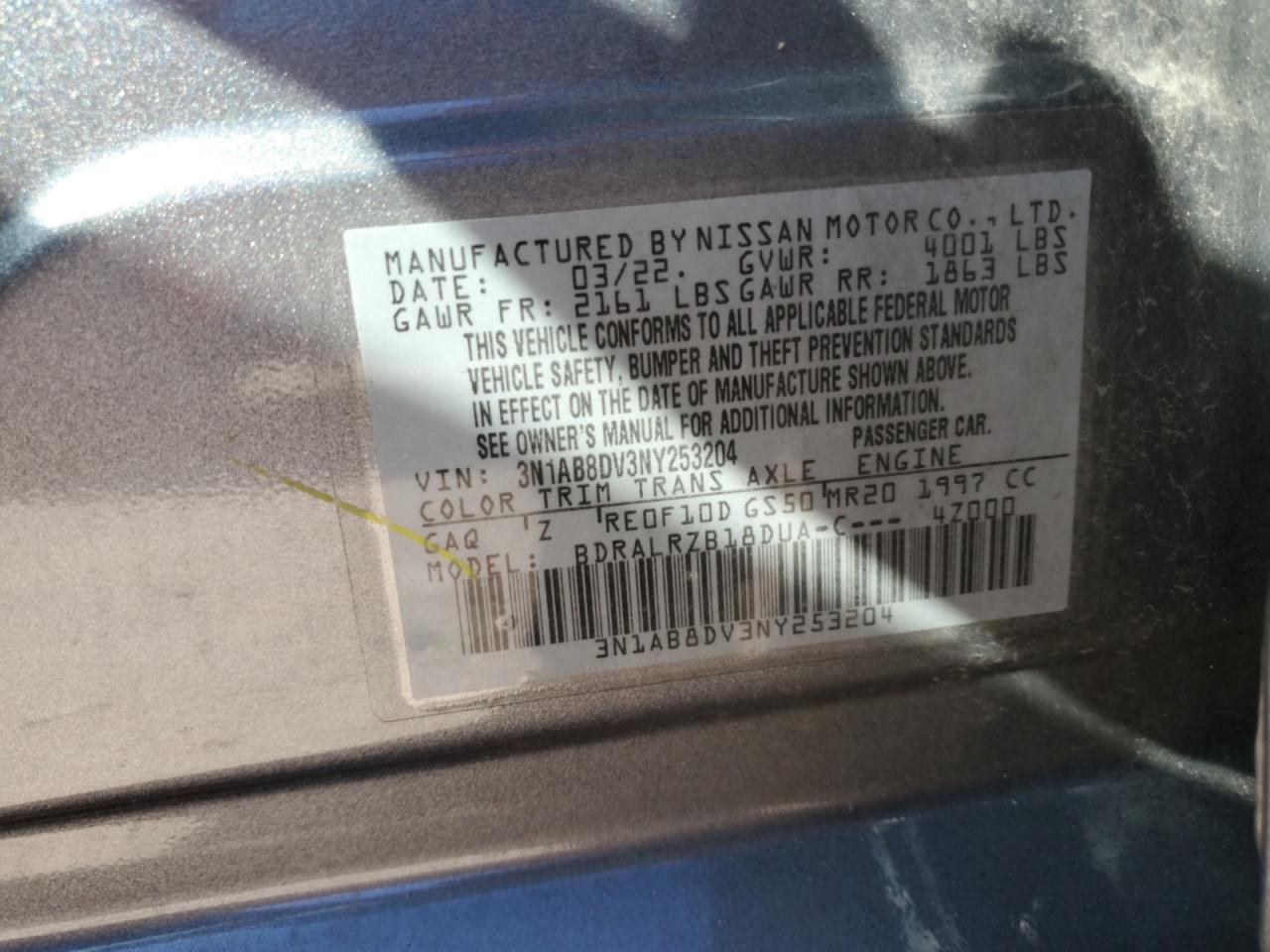 2022 NISSAN SENTRA SR VIN:3N1AB8DV3NY253204