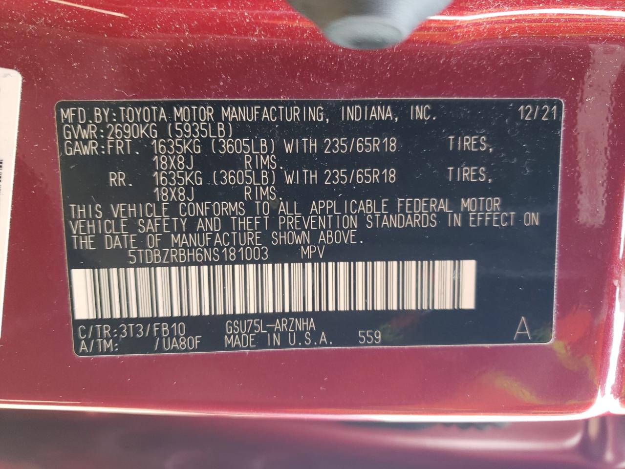 2022 TOYOTA HIGHLANDER L VIN:5TDBZRBH6NS181003