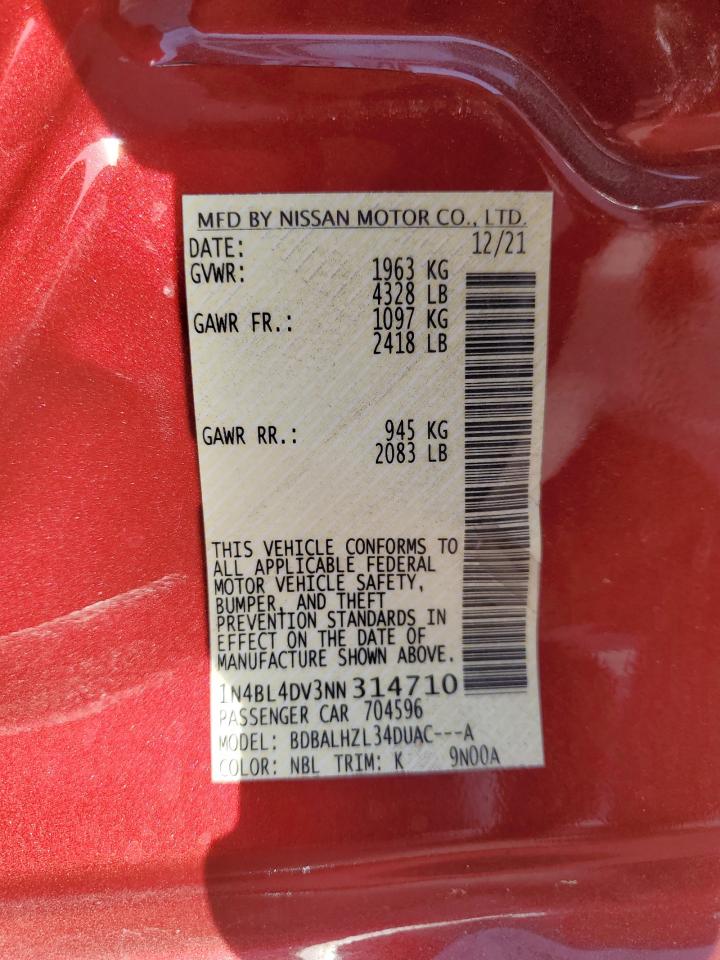 2022 NISSAN ALTIMA SV VIN:1N4BL4DV3NN314710