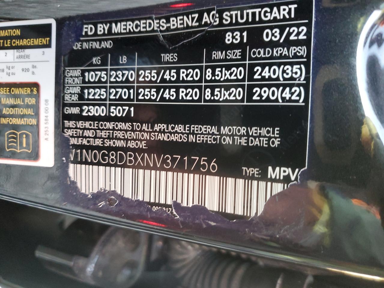 2022 MERCEDES-BENZ GLC 300 VIN:W1N0G8DBXNV371756