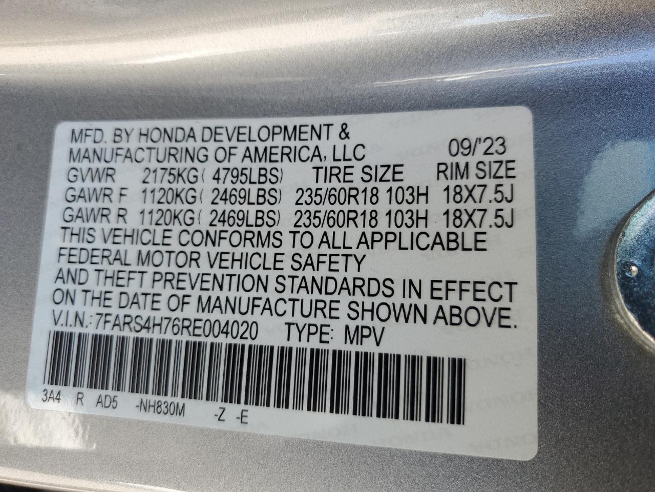 2024 HONDA CR-V EXL VIN:7FARS4H76RE004020