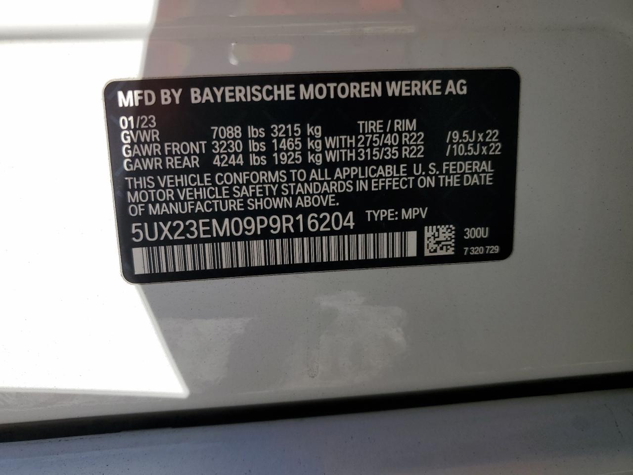 2023 BMW X7 XDRIVE40I VIN:5UX23EM09P9R16204