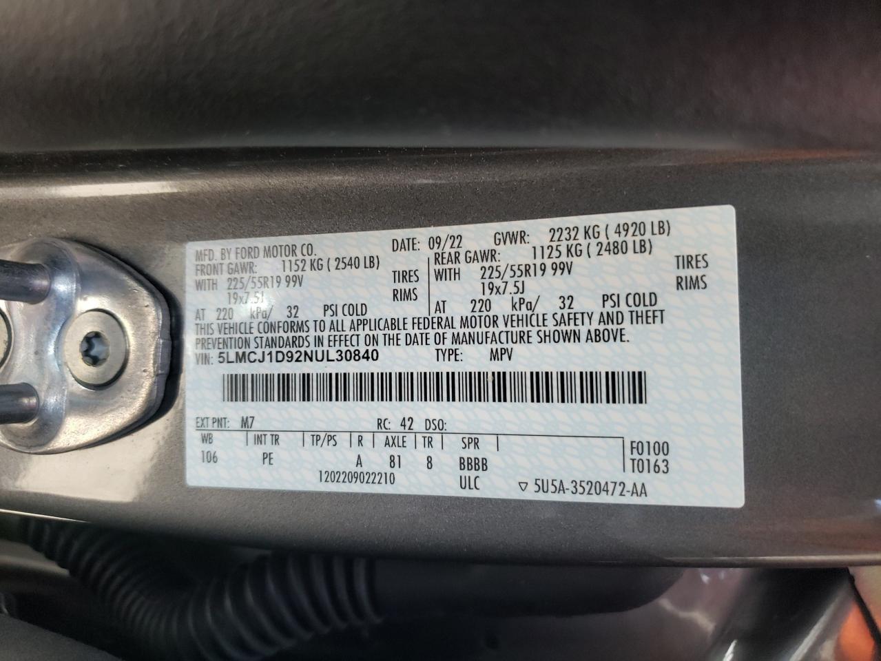 2022 LINCOLN CORSAIR  VIN:5LMCJ1D92NUL30840