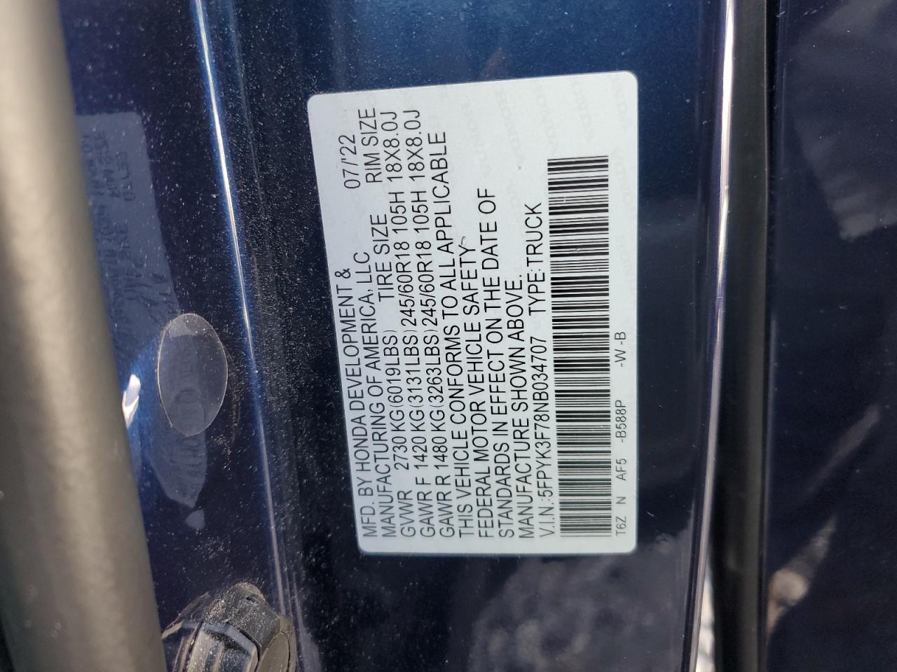 2022 HONDA RIDGELINE RTL VIN:5FPYK3F78NB034707