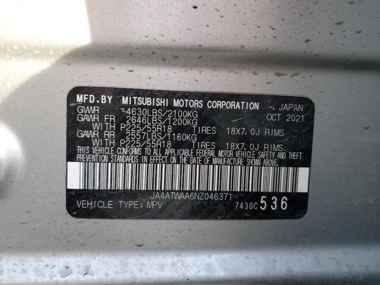 2022 MITSUBISHI ECLIPSE CROSS SE VIN:JA4ATWAA6NZ046371