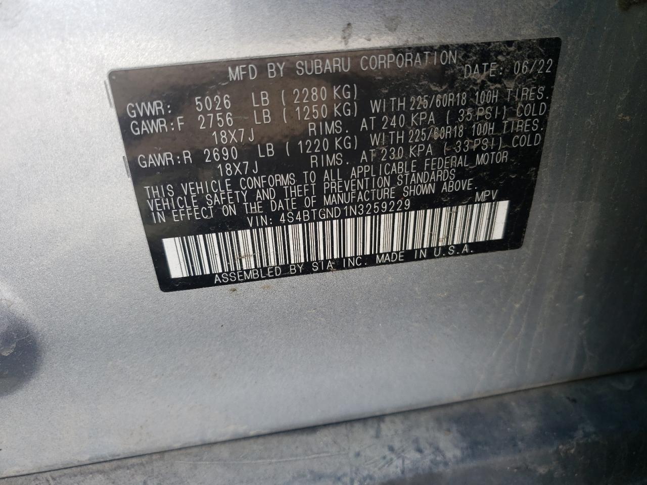 2022 SUBARU OUTBACK LIMITED XT VIN:4S4BTGND1N3259229