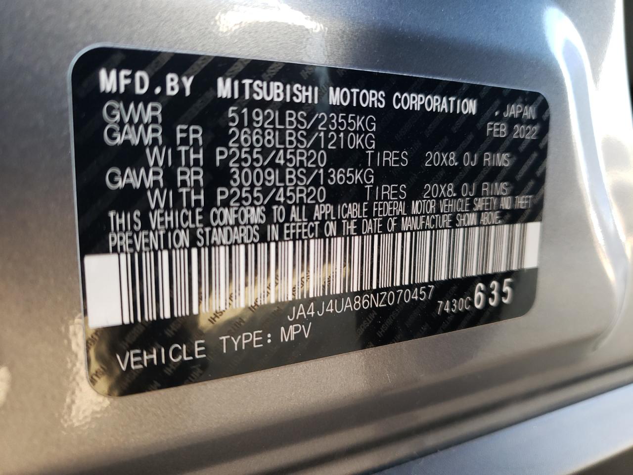 2022 MITSUBISHI OUTLANDER SE VIN:JA4J4UA86NZ070457