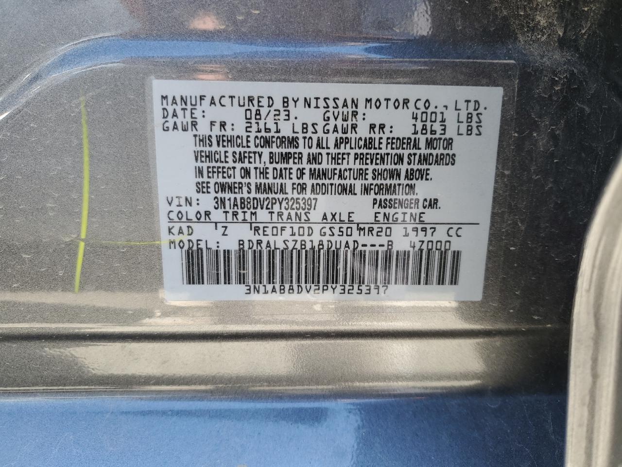 2023 NISSAN SENTRA SR VIN:3N1AB8DV2PY325397