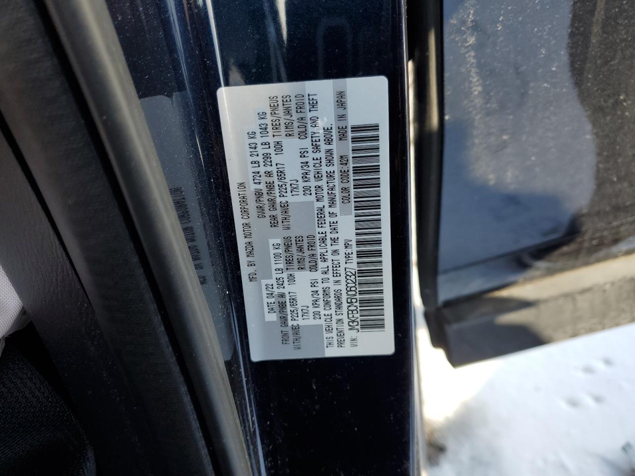 2022 MAZDA CX-5 PREFERRED VIN:JM3KFBCM5N0602327