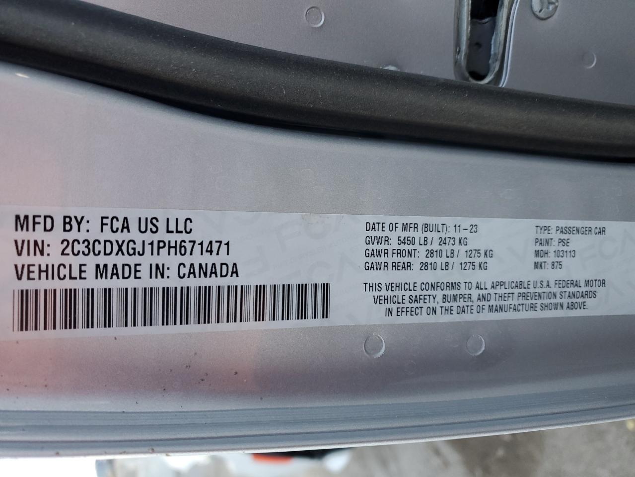 2023 DODGE CHARGER SCAT PACK VIN:2C3CDXGJ1PH671471