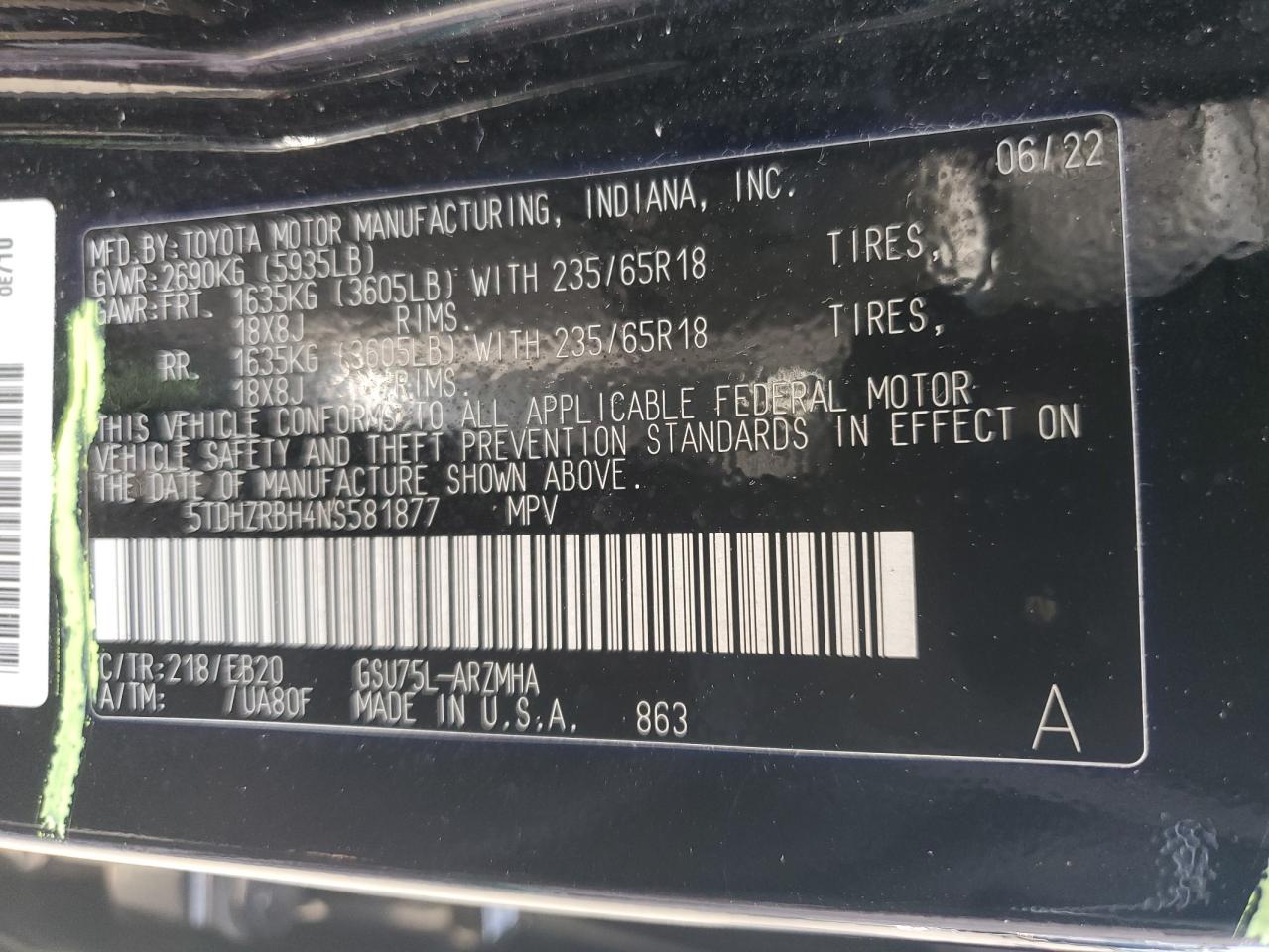 2022 TOYOTA HIGHLANDER XLE VIN:5TDHZRBH4NS581877