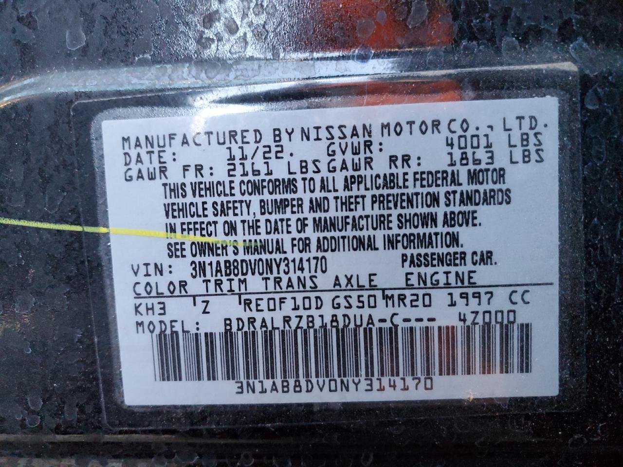 2022 NISSAN SENTRA SR VIN:3N1AB8DV0NY314170