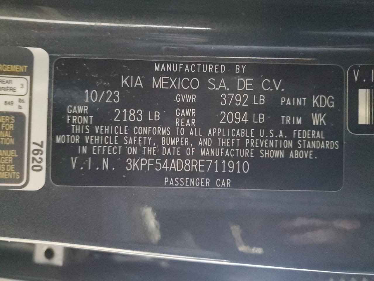 2024 KIA FORTE GT LINE VIN:3KPF54AD8RE711910