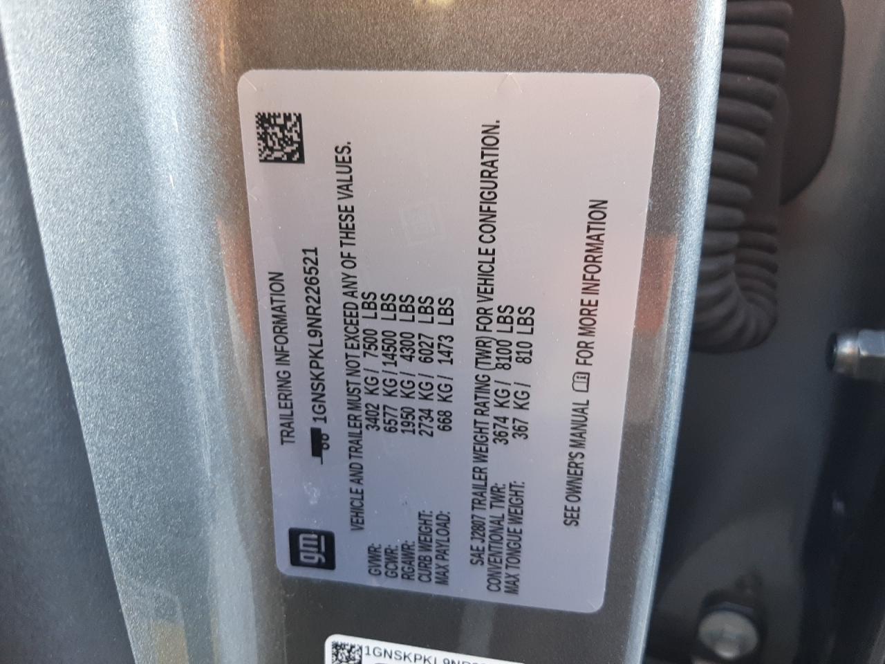 2022 CHEVROLET TAHOE K1500 Z71 VIN:1GNSKPKL9NR226521