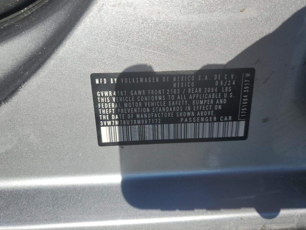 2024 VOLKSWAGEN JETTA SE VIN:3VW7M7BU7RM087172