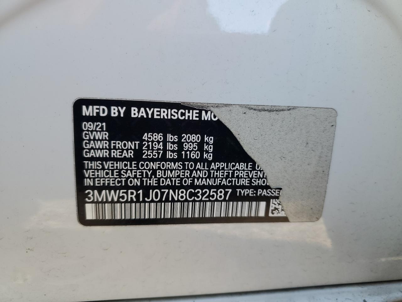 2022 BMW 330I  VIN:3MW5R1J07N8C32587