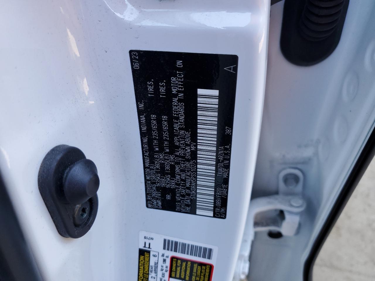 2023 TOYOTA HIGHLANDER L VIN:5TDKDRAH5PS510275