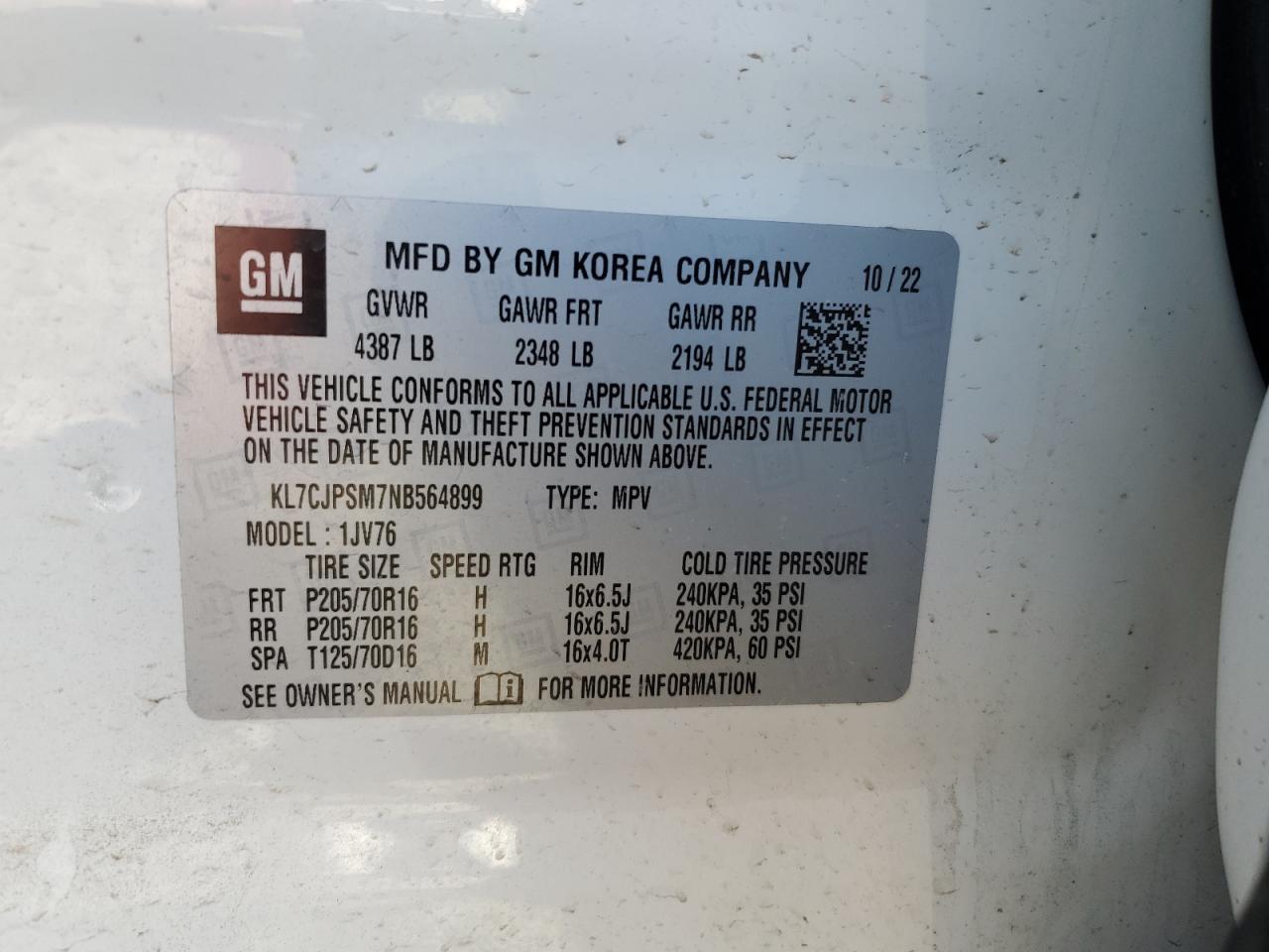 2022 CHEVROLET TRAX 1LT VIN:KL7CJPSM7NB564899