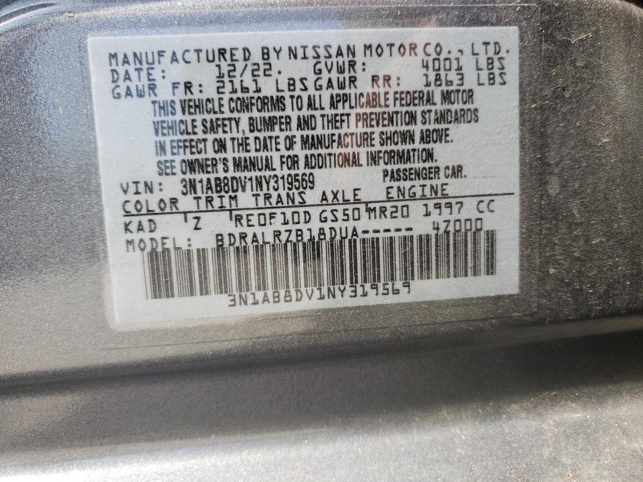 2022 NISSAN SENTRA SR VIN:3N1AB8DV1NY319569