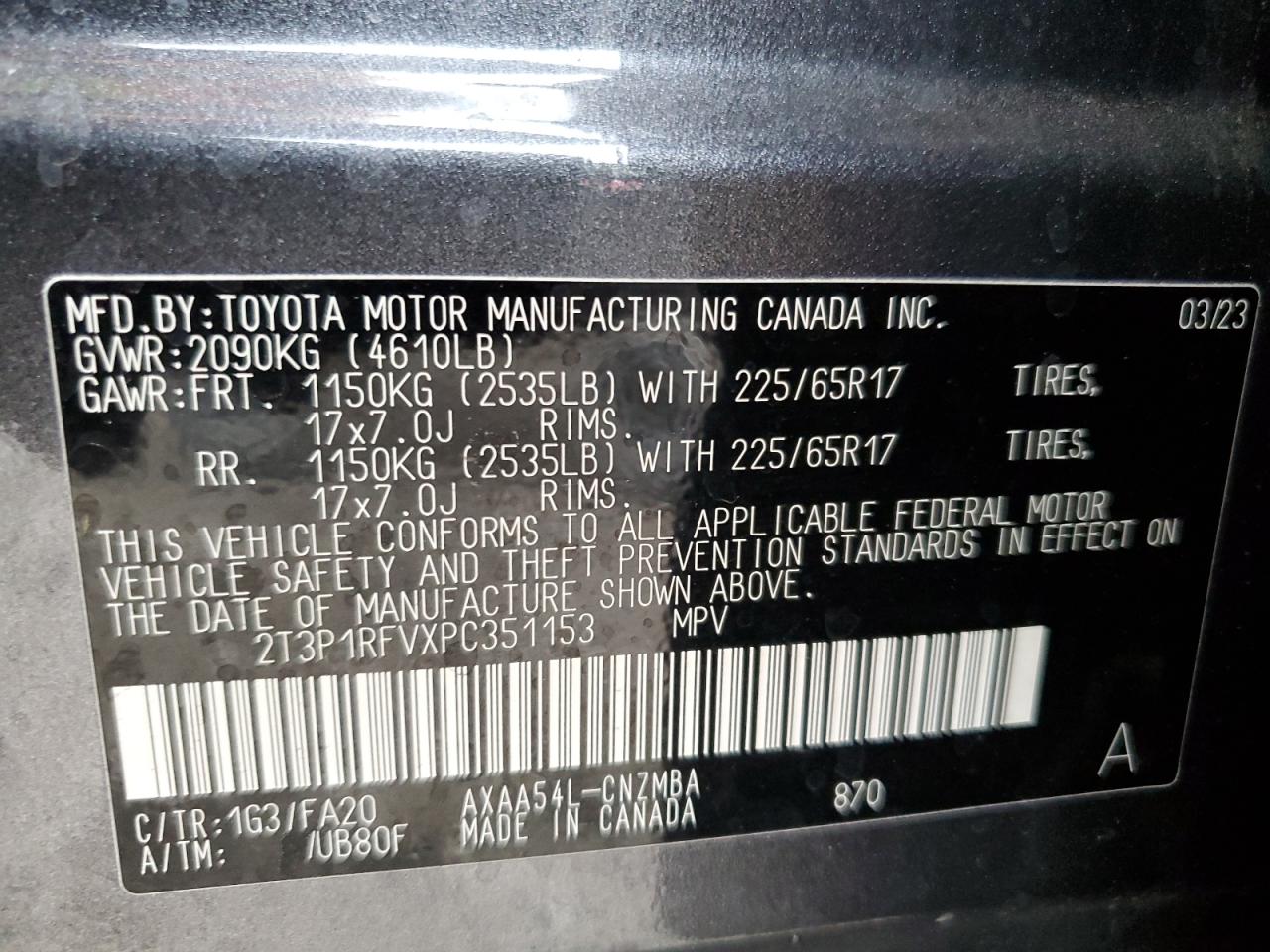 2023 TOYOTA RAV4 XLE VIN:2T3P1RFVXPC351153