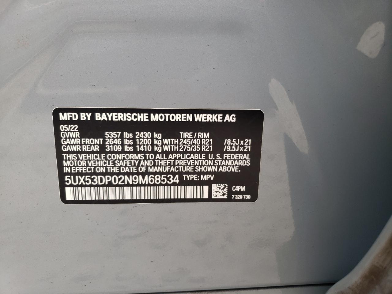 2022 BMW X3 XDRIVE30I VIN:5UX53DP02N9M68534