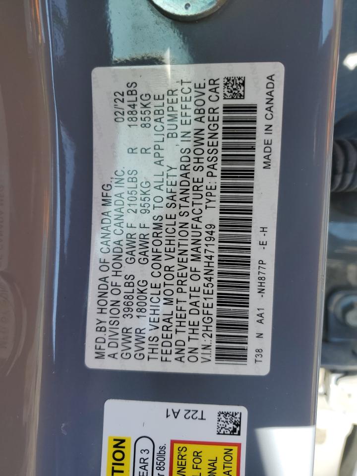 2022 HONDA CIVIC SI VIN:2HGFE1E54NH471949