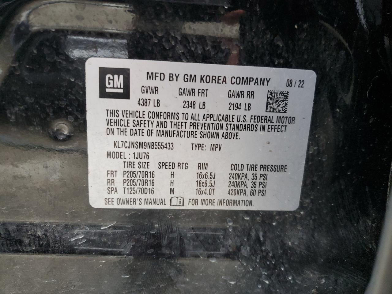 2022 CHEVROLET TRAX LS VIN:KL7CJNSM9NB555433