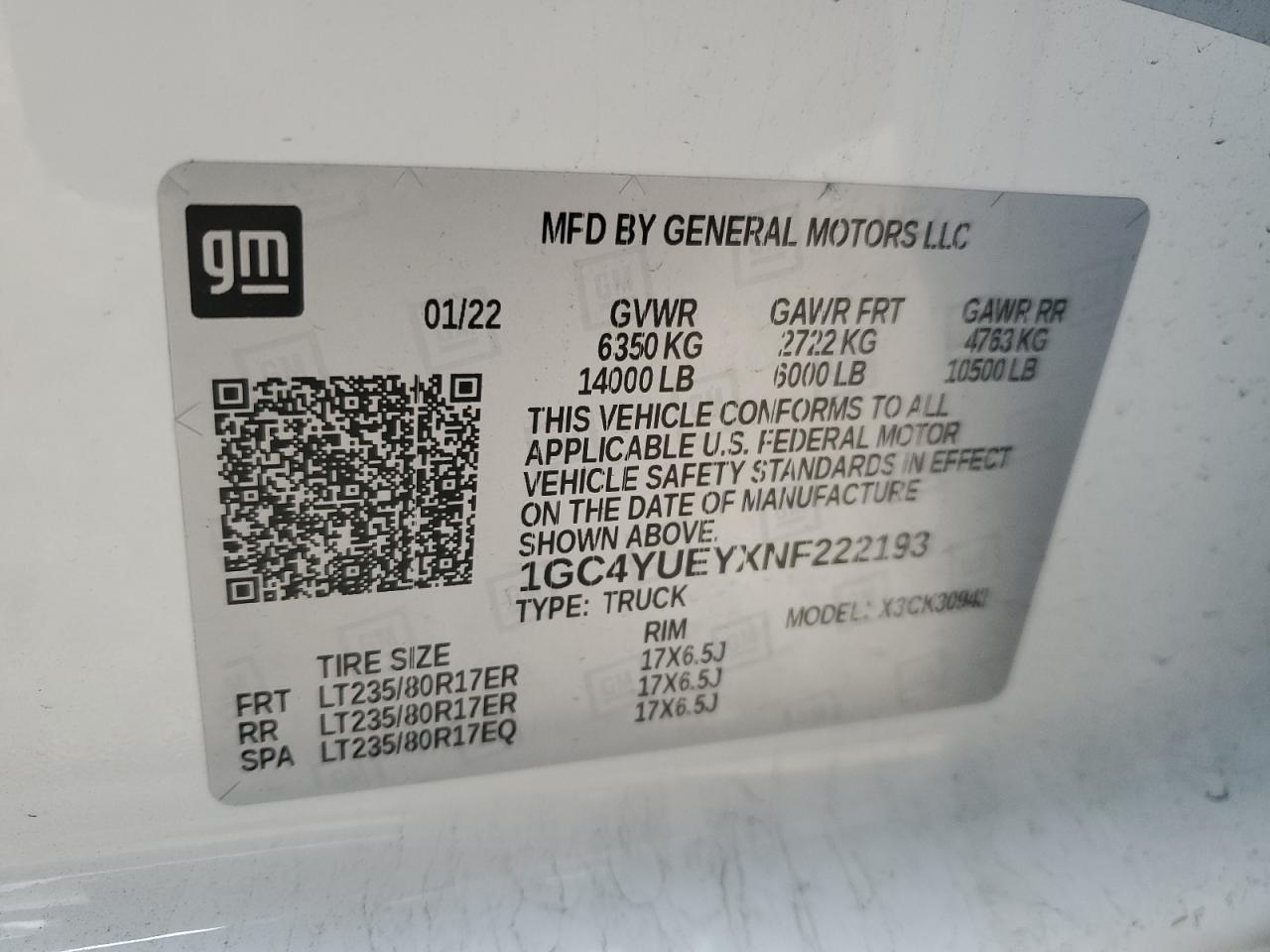 2022 CHEVROLET SILVERADO K3500 LTZ VIN:1GC4YUEYXNF222193