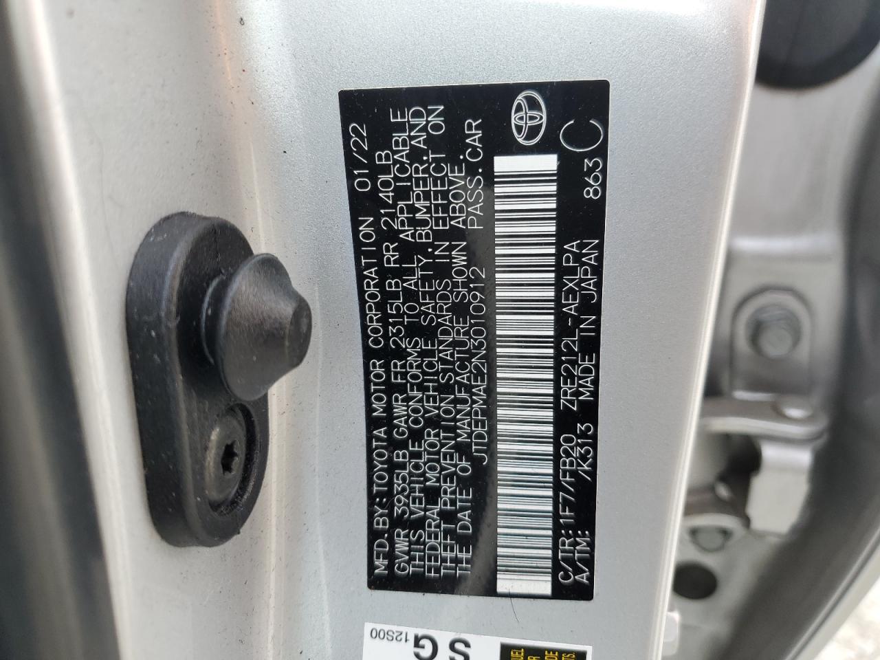 2022 TOYOTA COROLLA LE VIN:JTDEPMAE2N3010912
