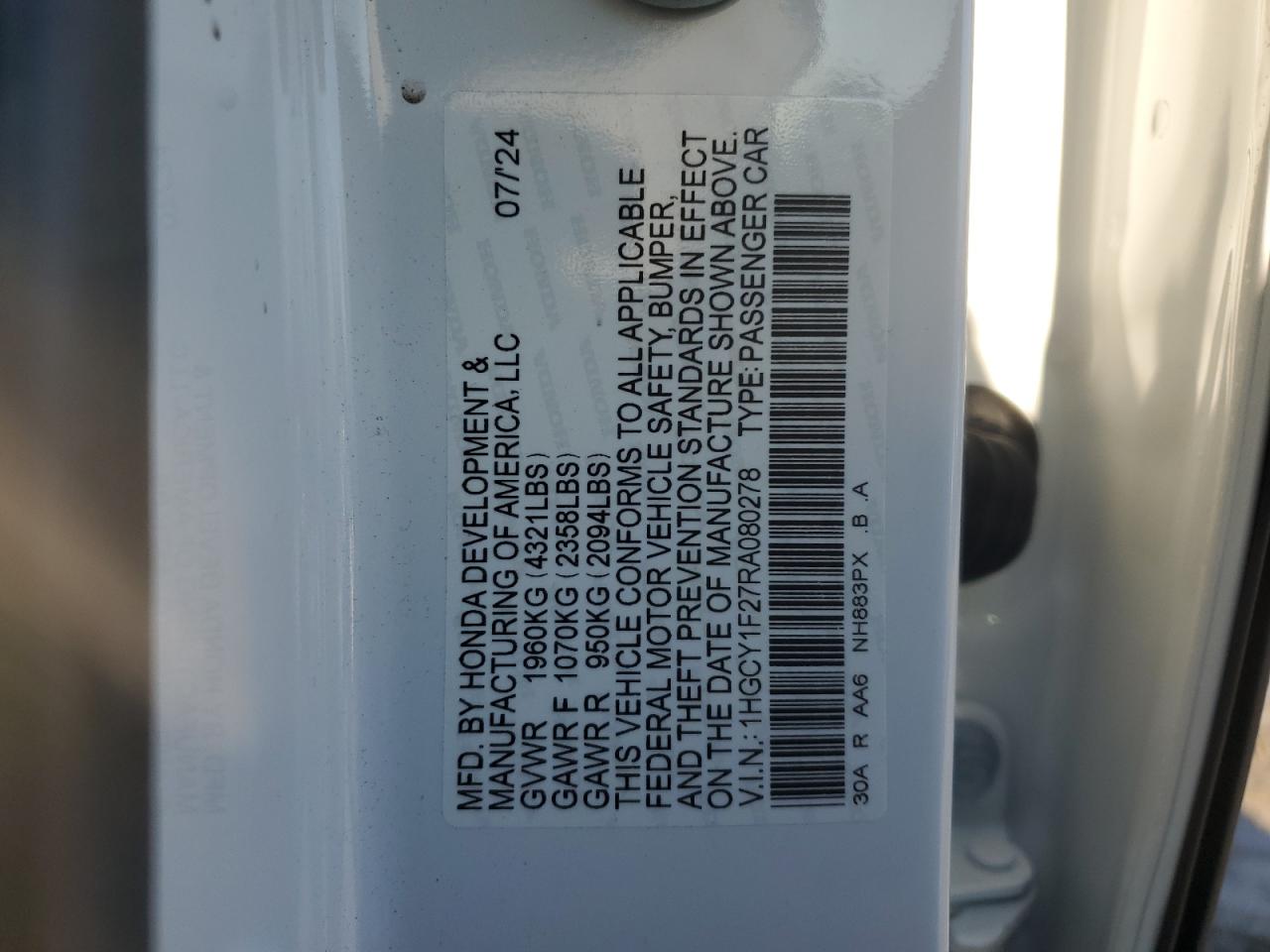 2024 HONDA ACCORD LX VIN:1HGCY1F27RA080278