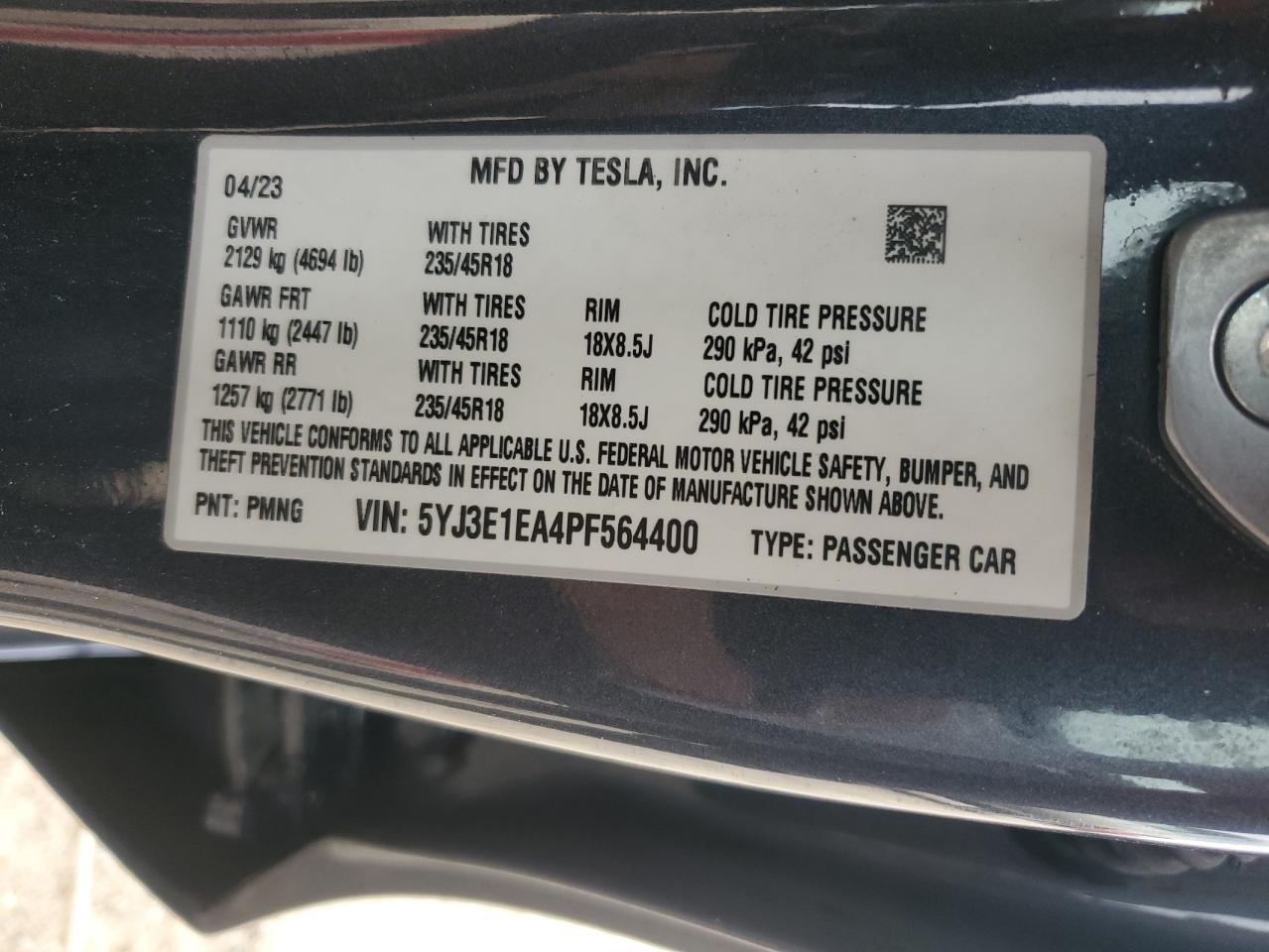 2023 TESLA MODEL 3  VIN:5YJ3E1EA4PF564400