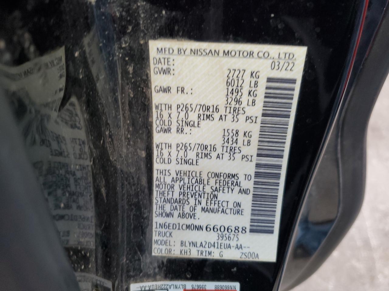 2022 NISSAN FRONTIER S VIN:1N6ED1CM0NN660688