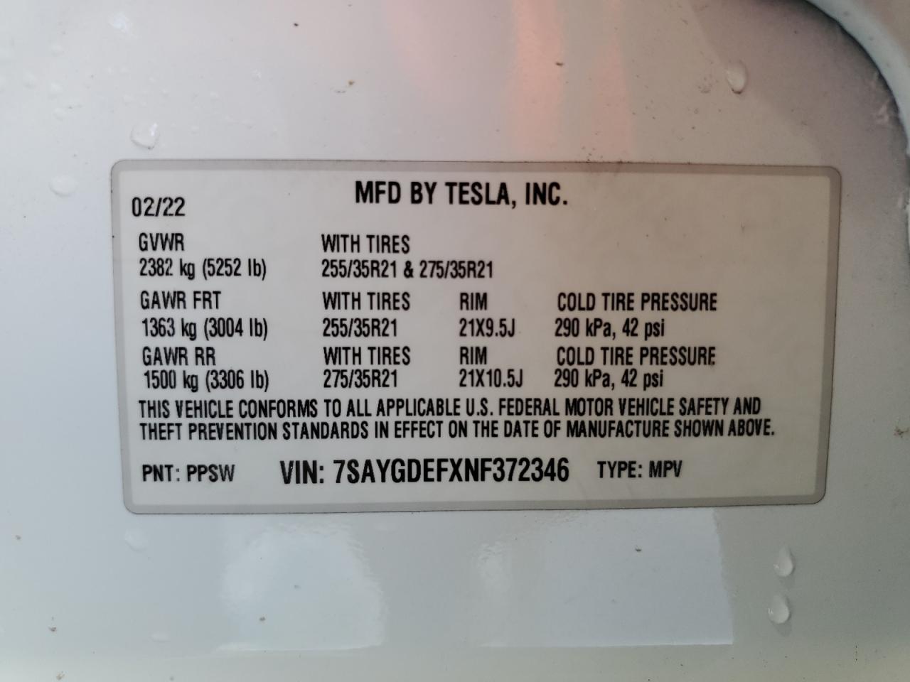 2022 TESLA MODEL Y  VIN:7SAYGDEFXNF372346