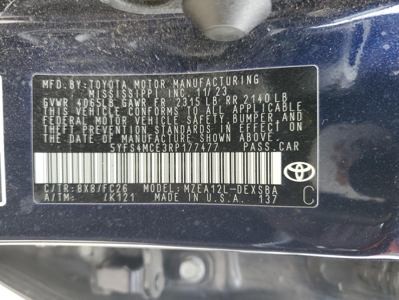 2024 TOYOTA COROLLA SE VIN:5YFS4MCE3RP177477
