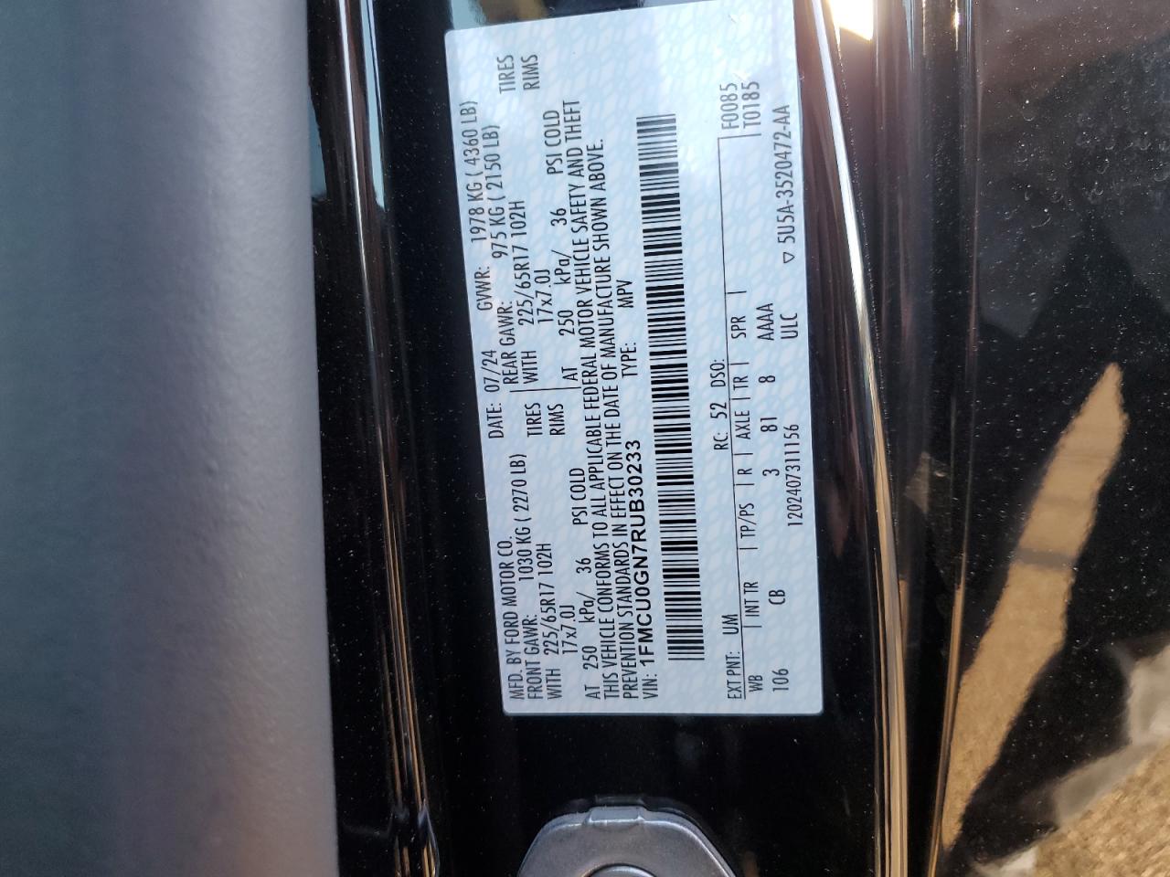2024 FORD ESCAPE ACTIVE VIN:1FMCU0GN7RUB30233