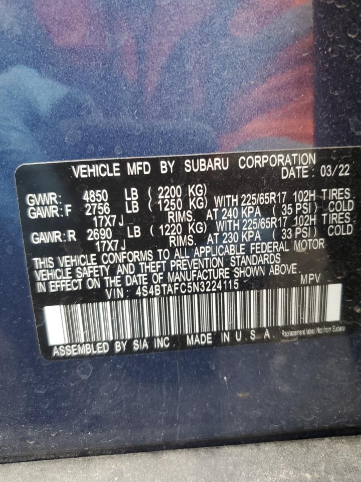 2022 SUBARU OUTBACK PREMIUM VIN:4S4BTAFC5N3224115