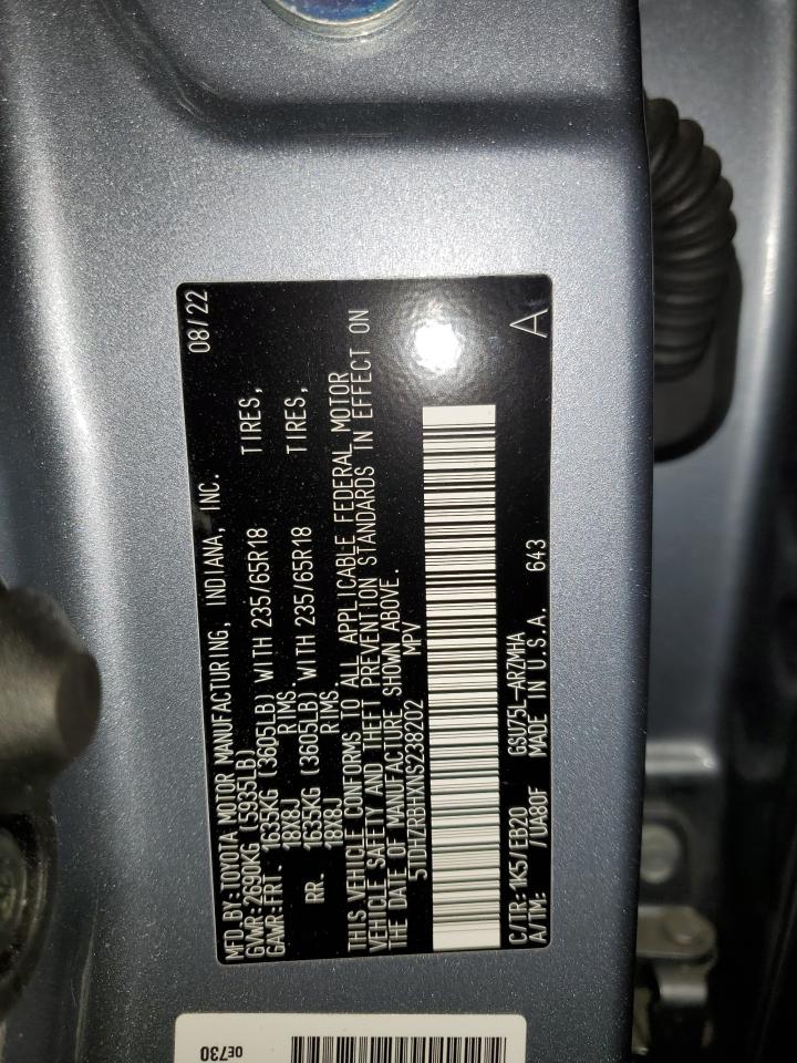 2022 TOYOTA HIGHLANDER XLE VIN:5TDHZRBHXNS238202