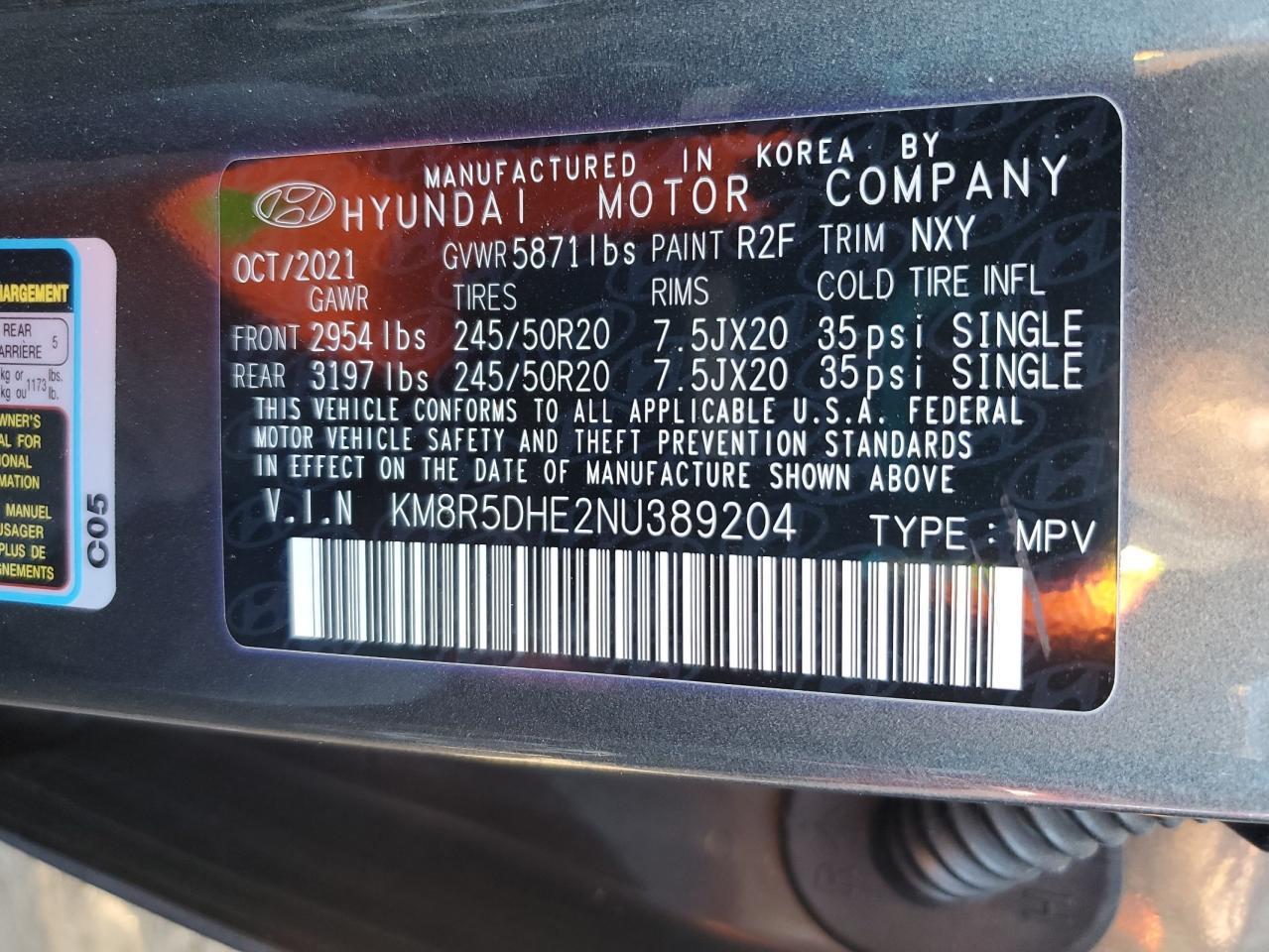 2022 HYUNDAI PALISADE LIMITED VIN:KM8R5DHE2NU389204