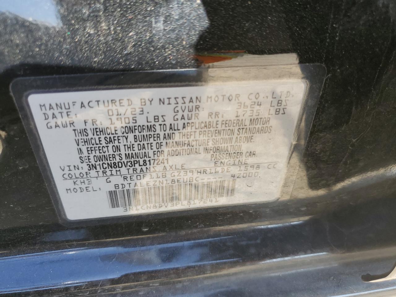 2023 NISSAN VERSA S VIN:3N1CN8DV3PL817241