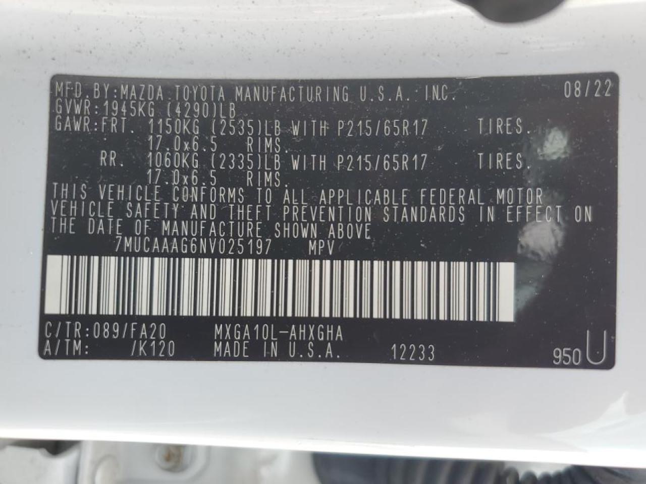 2022 TOYOTA COROLLA CROSS LE VIN:7MUCAAAG6NV025197