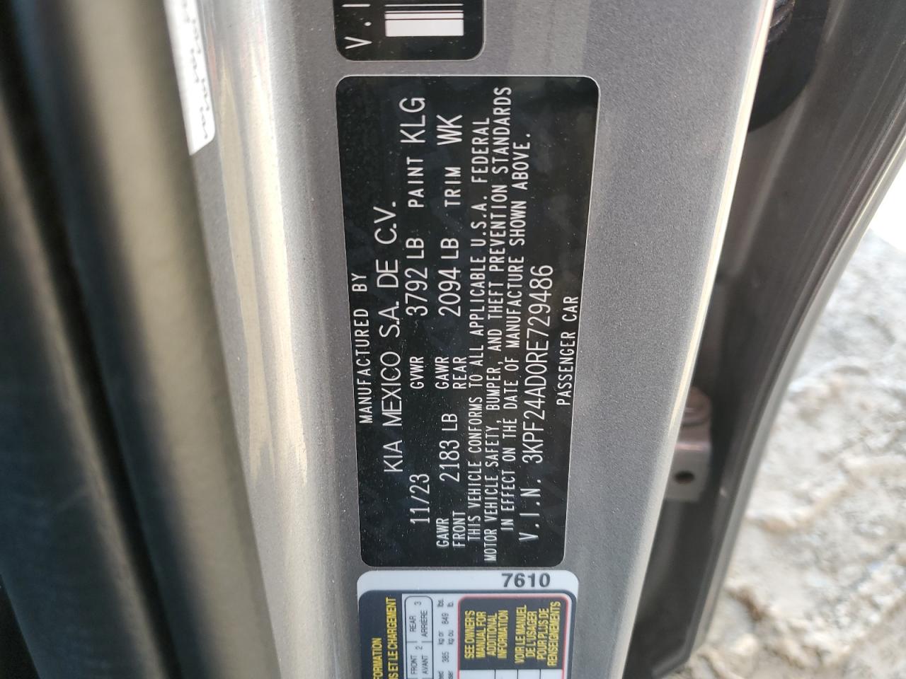 2024 KIA FORTE LX VIN:3KPF24AD0RE729486