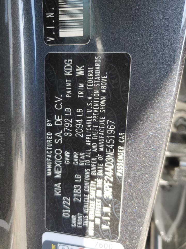 2022 KIA FORTE FE VIN:3KPF24AD3NE451967