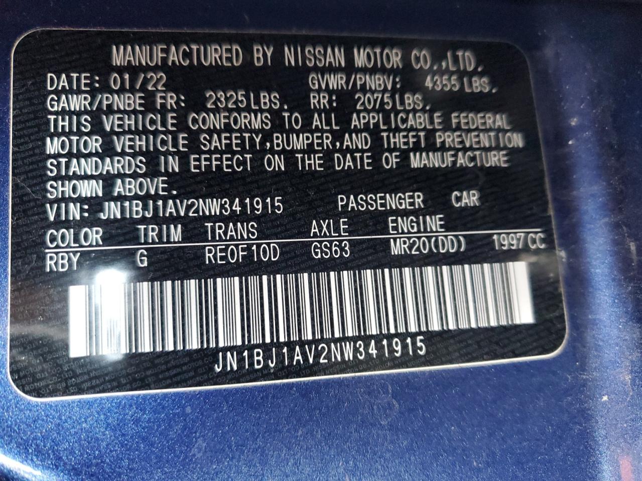 2022 NISSAN ROGUE SPORT S VIN:JN1BJ1AV2NW341915