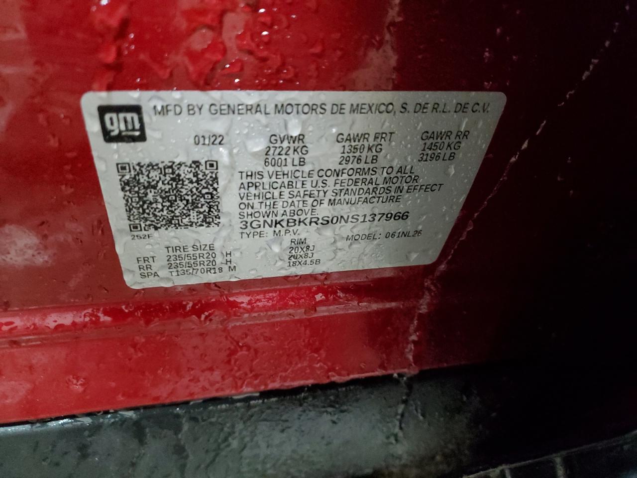 2022 CHEVROLET BLAZER RS VIN:3GNKBKRS0NS137966