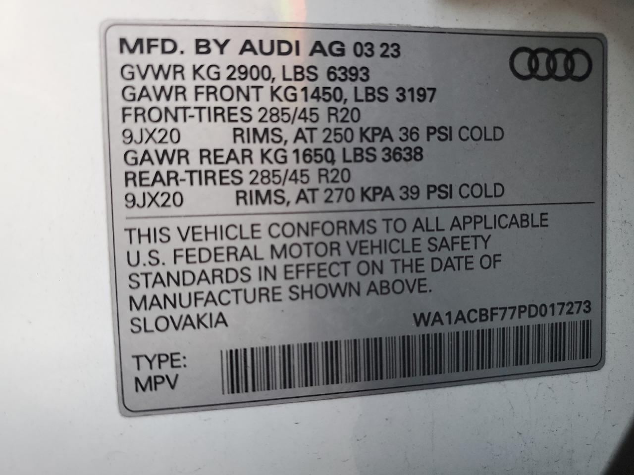 2023 AUDI Q7 PREMIUM VIN:WA1ACBF77PD017273