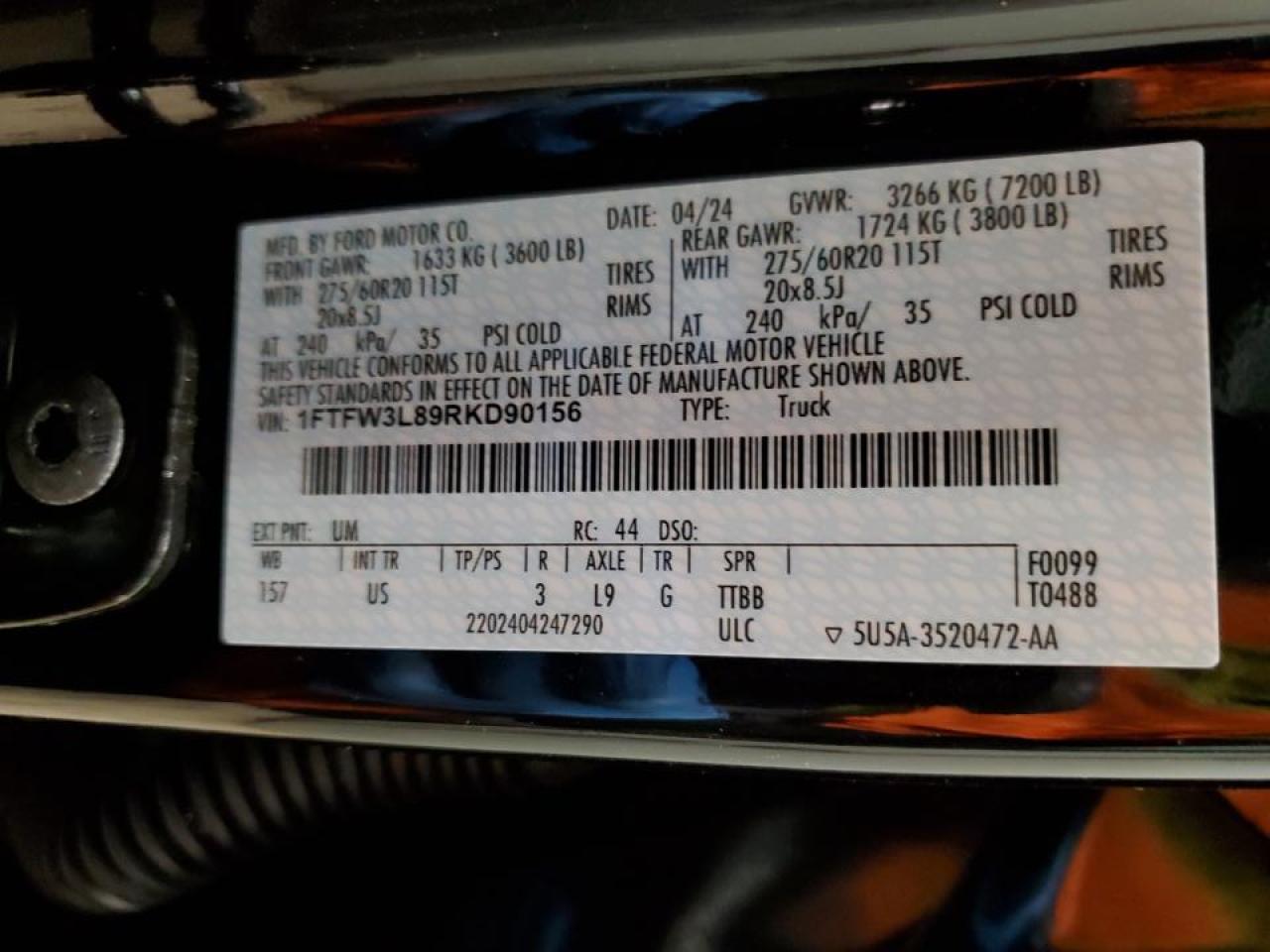2024 FORD F150 XLT VIN:1FTFW3L89RKD90156