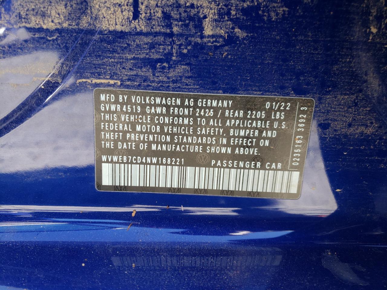 2022 VOLKSWAGEN GOLF R  VIN:WVWEB7CD4NW168221
