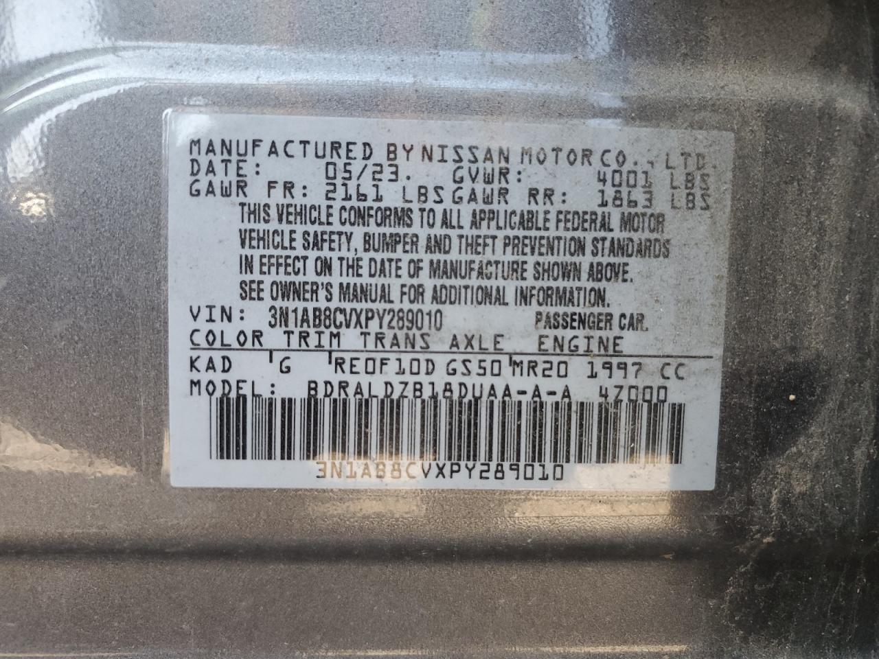 2023 NISSAN SENTRA SV VIN:3N1AB8CVXPY289010