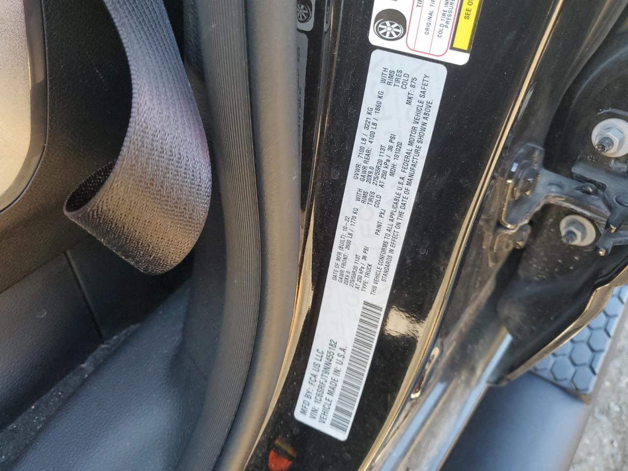 2022 RAM 1500 LARAMIE VIN:1C6SRFJT9NN455182