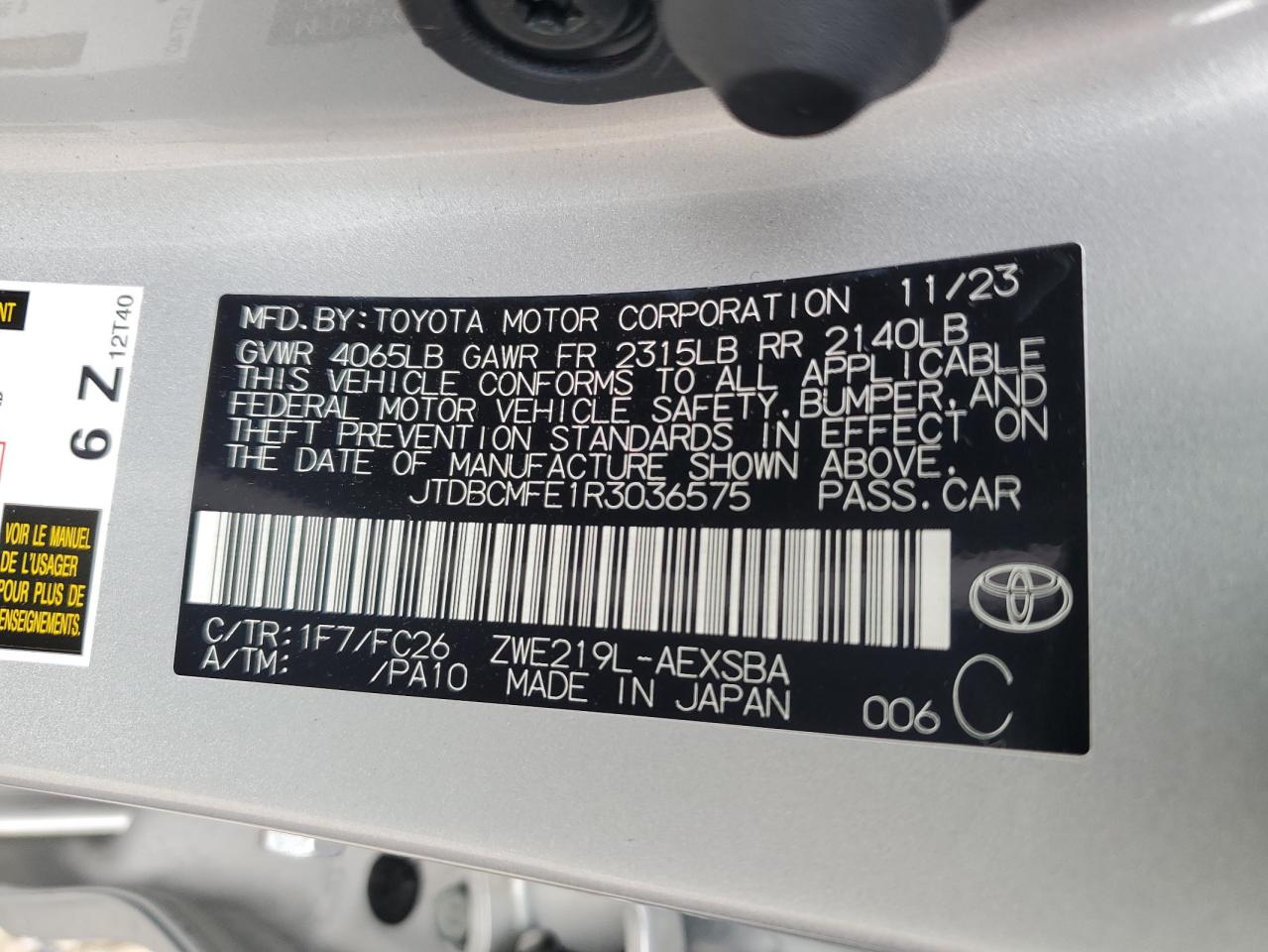 2024 TOYOTA COROLLA LE VIN:JTDBCMFE1R3036575